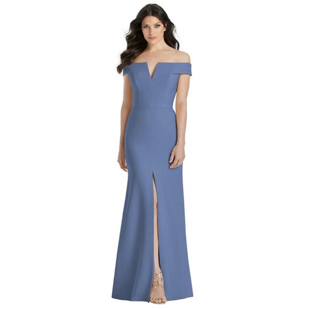 DESSY Off The Shoulder Notch Crepe Trumpet Gown In Larkspur Blue